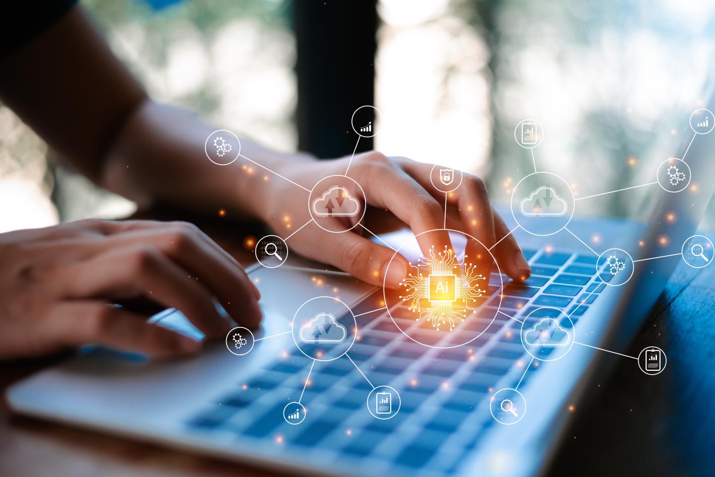 a pair of hands typing on a laptop keyboard and overlaid images of various digital icons and graphics that represent information such as cloud computing, data transfer, and AI algorithms